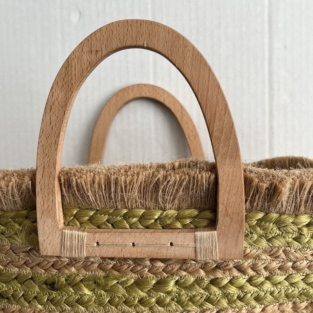 ANTIK KRAFT Woven Jute Tote Bag Wood Handles Beach Boho Market Basket Coastal - Picture 3 of 16